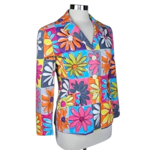 Moschino Jeans Vintage '90s Neon Daisy Print Cotton Blazer Jacket Size 10 - Picture 5 of 11